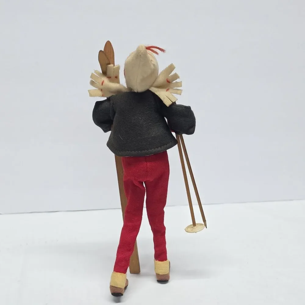 Vintage MCM Roldan Klumpe Spain Skier Felt Cloth Doll Wood Skis & Poles AS IS